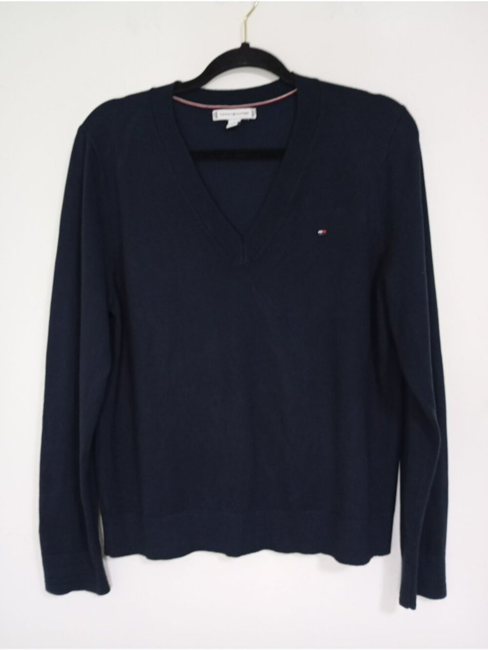 Tommy Hilfiger Womens Navy V-Neck Sweater Clásico Size L Ribbed Cuffs